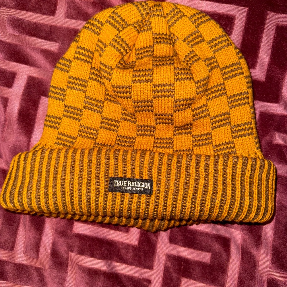 True Religion Mustard and Brown Striped Beanie